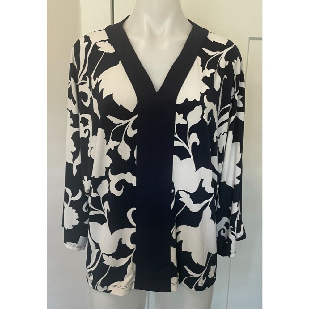 CHICOS Womens Knit TOP 3/4 Sleeve BLUE White FLORAL V-Neck Size 2 (L/12)